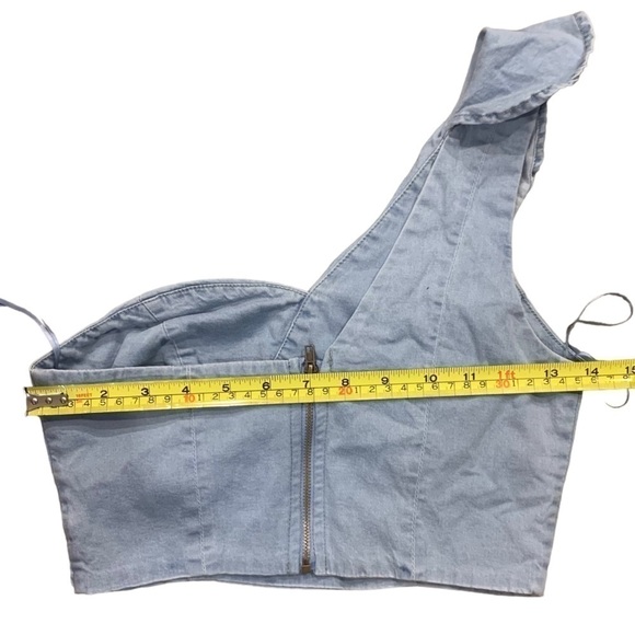 Denim One Shoulder Ruffle Bustier - Picture 3 of 6